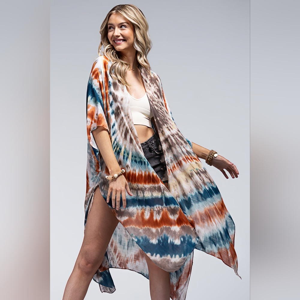 Vibrant Tie Dye Teal & Multi Color Kimono - Silky & Lightweight Material - Picture 4 of 5